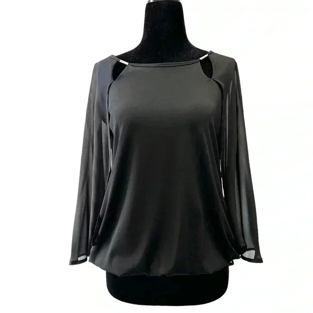Rickiโs Blouse Chiffon Angel Slit Sleeve Top Sheer Overlay Cut Outs Black Small